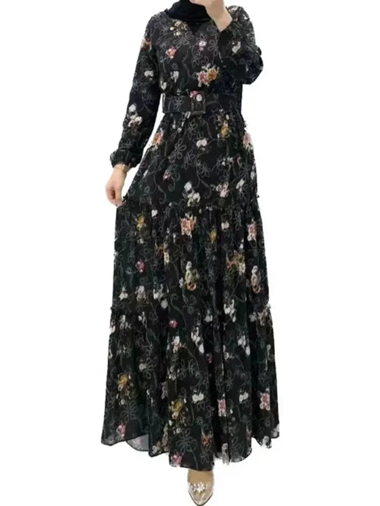 Eid Morocco Dress Women Muslim Abaya Jalabiya Turtleneck Floral Print Belted Dubai Kaftan Robe Vestidos Ramadan Abayas Dresses