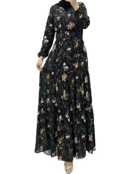 Eid Morocco Dress Women Muslim Abaya Jalabiya Turtleneck Floral Print Belted Dubai Kaftan Robe Vestidos Ramadan Abayas Dresses