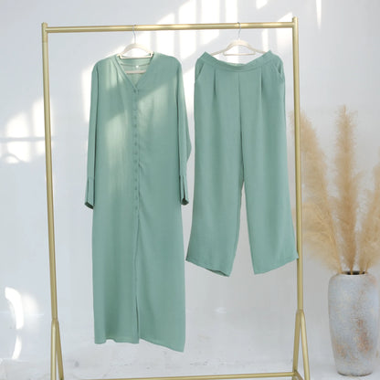 2PCS Muslim Women Button Long Sleeve Tops Dress Pants Set Dubai Abaya Turkey Kaftan Arabic Outfits Eid Ramadan Islam Clothing