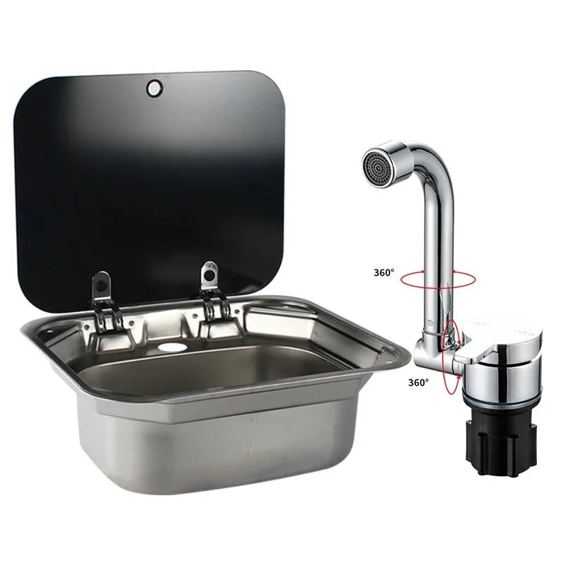 Caravan Camping Stainless Steel Hand Wash Basin Sink with Tempered Glass Lid Camper Accessories RV Stainless Steel Covered Sink