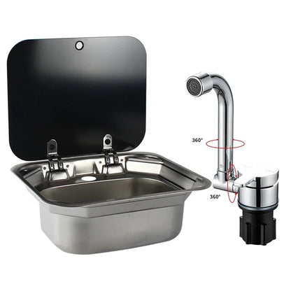 Caravan Camping Stainless Steel Hand Wash Basin Sink with Tempered Glass Lid Camper Accessories RV Stainless Steel Covered Sink