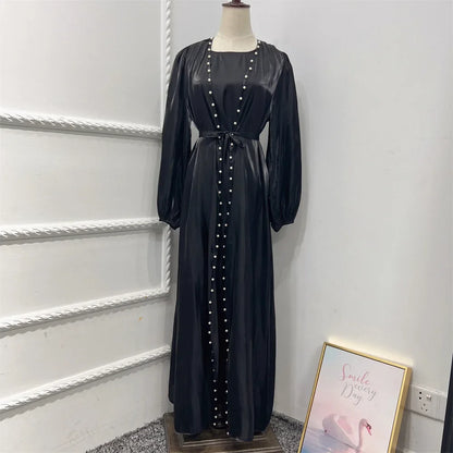 2 Piece Silk Satin Kimono Abaya Under Dress Morocco Muslim Sets Abayas for Women Dubai Arabic Cardigan Kaftan Robe Islam outfits