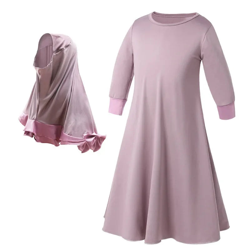 Muslim traditional clothing Islamic robe kids baby girls richer Saudi Arab Dubai solid abaya kaftan with ruffle bow hijab dress