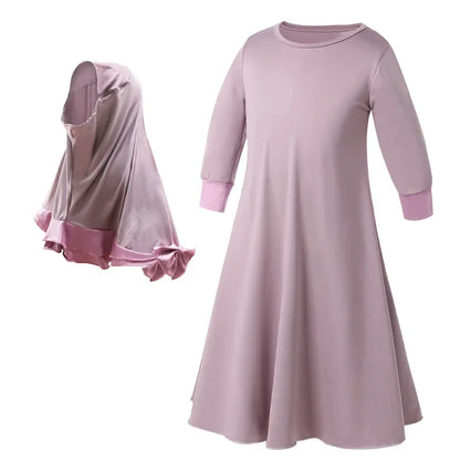 Muslim traditional clothing Islamic robe kids baby girls richer Saudi Arab Dubai solid abaya kaftan with ruffle bow hijab dress