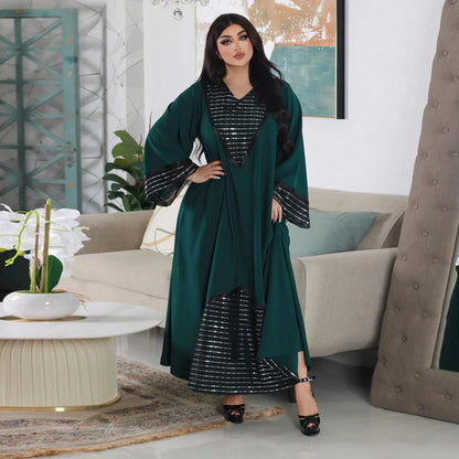 Sequins Abaya Dubai Luxury High Class Dark Green Chiffon Kaftan Party Ladies Long Sleeves Muslim Girl Dress