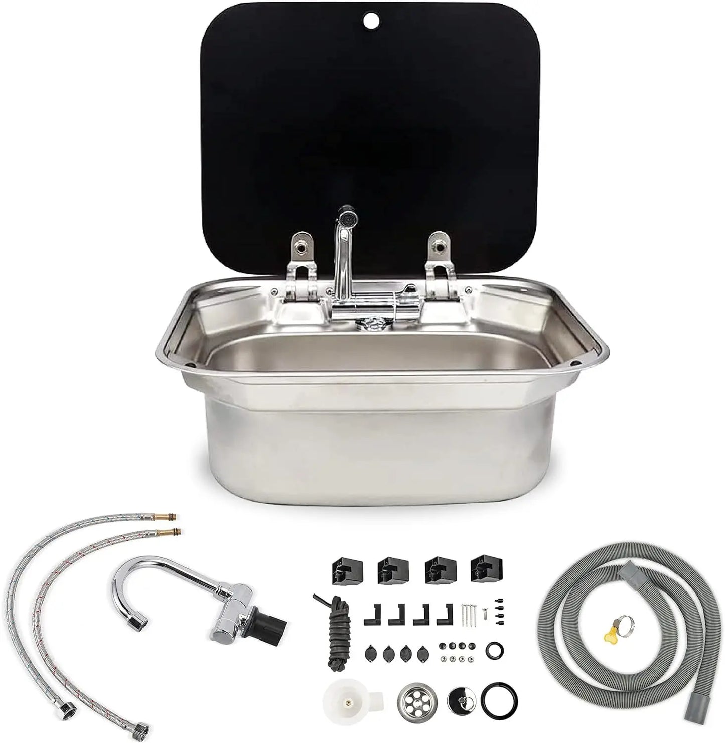 Caravan Camping Stainless Steel Hand Wash Basin Sink with Tempered Glass Lid Camper Accessories RV Stainless Steel Covered Sink
