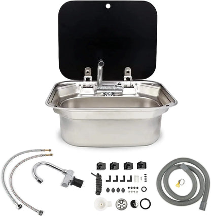 Caravan Camping Stainless Steel Hand Wash Basin Sink with Tempered Glass Lid Camper Accessories RV Stainless Steel Covered Sink