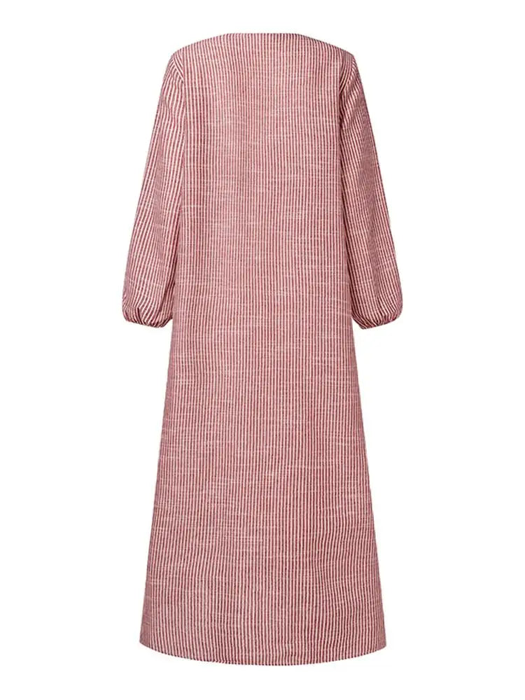 ZANZEA Autumn Sundress Women Vintage Long Sleeve Islamic Clothing Dubai Vestido Fashion Striped Muslim Abaya Dress Robe Femme