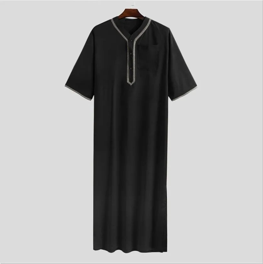 New 2025 Men Islamic Arabic Kaftan Vintage Solid Short Sleeve Loose Retro Robes Abaya Dubai Middle East Muslim Clothing S-5XL