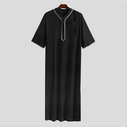 New 2025 Men Islamic Arabic Kaftan Vintage Solid Short Sleeve Loose Retro Robes Abaya Dubai Middle East Muslim Clothing S-5XL