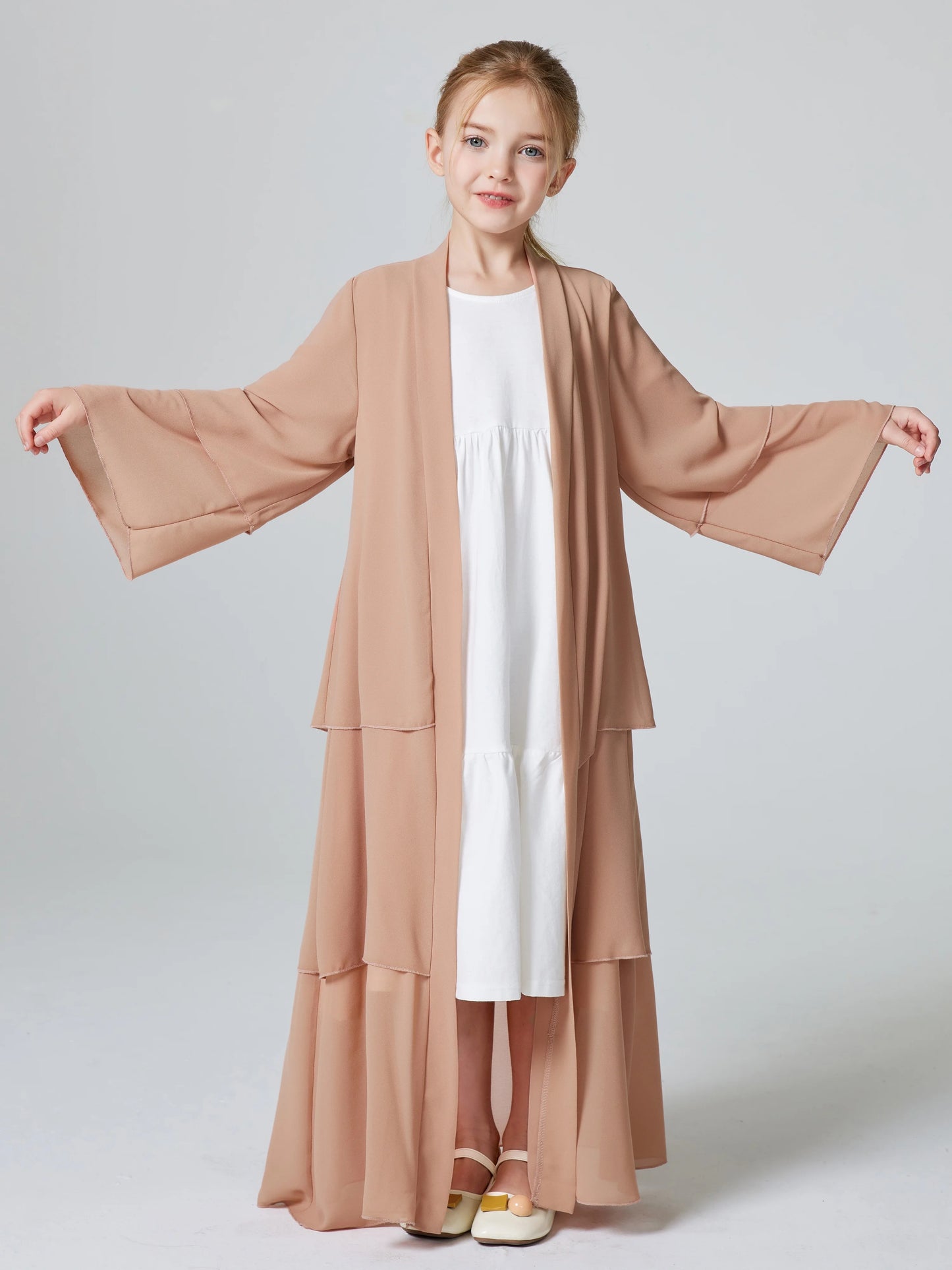 Ramadan Kebaya Muslim Girls Abaya 3 Layered Chiffon Kids Abaya Dress Open Front   Outerwear (Without Hijab)