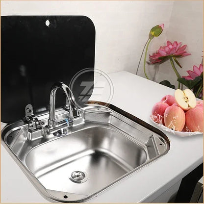 RV Camper Stainless Steel Hand Wash Basin Sink With Folded Faucet Tempered Glass Lid Washbasin for Caravan Boat Motorhome