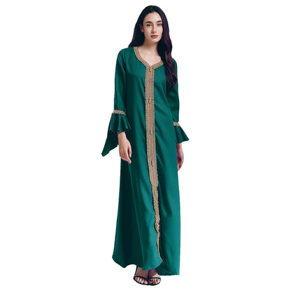Elegant Womens Muslim Abaya Floor Length Robe V Neck Flared Sleeve Dress Halloween Witch Masquerade Gown Role Play Theme Party