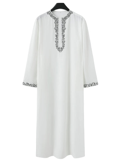 2024 New Men's Luxury White Muslim Moroccan Style Abaya Classic Embroidered Long Sleeve Formal Wear Islamic Arabic Thobe