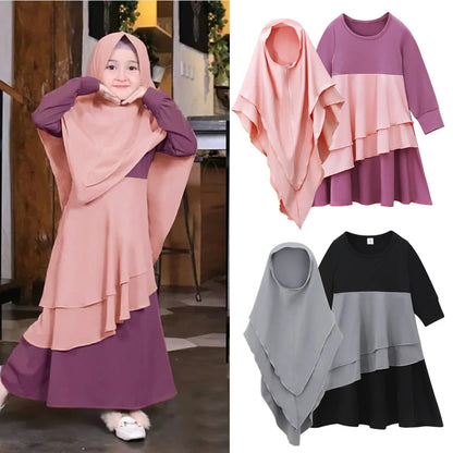 2Pcs Muslim Ramadan Prayer Dress Abaya Sets Children Girls Eid Khimar Hijab Arab Kids Long Robe Headscarf  Kaftan Gown jilbab