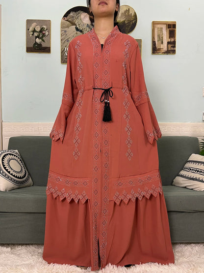 Muslim Open Abayas For Women Dubai Chiffon Set Auger V-neck Fashion Design Boubou Loose Femme Robe Party Dresses With Headscarf