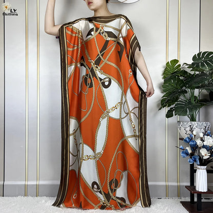 Muslim Abayas For Women 2023 New Fashion Printed Silk Soft Loose Femme Elegant Robe African Maxi Party Dresses With Belt Turban