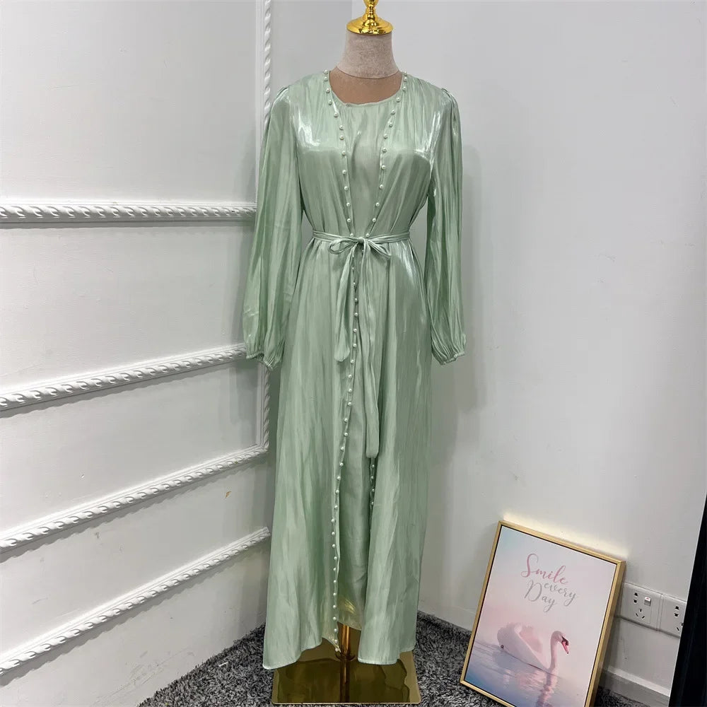 2 Piece Silk Satin Kimono Abaya Under Dress Morocco Muslim Sets Abayas for Women Dubai Arabic Cardigan Kaftan Robe Islam outfits