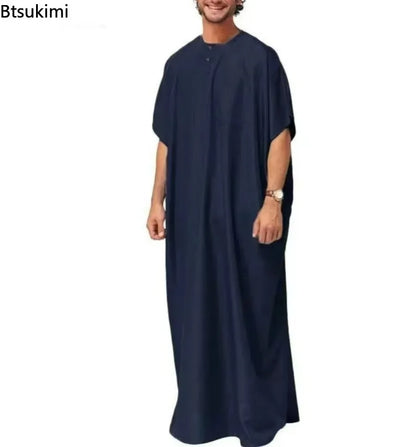 New 2025 Men Islamic Arabic Kaftan Vintage Solid Short Sleeve Loose Retro Robes Abaya Dubai Middle East Muslim Clothing S-5XL