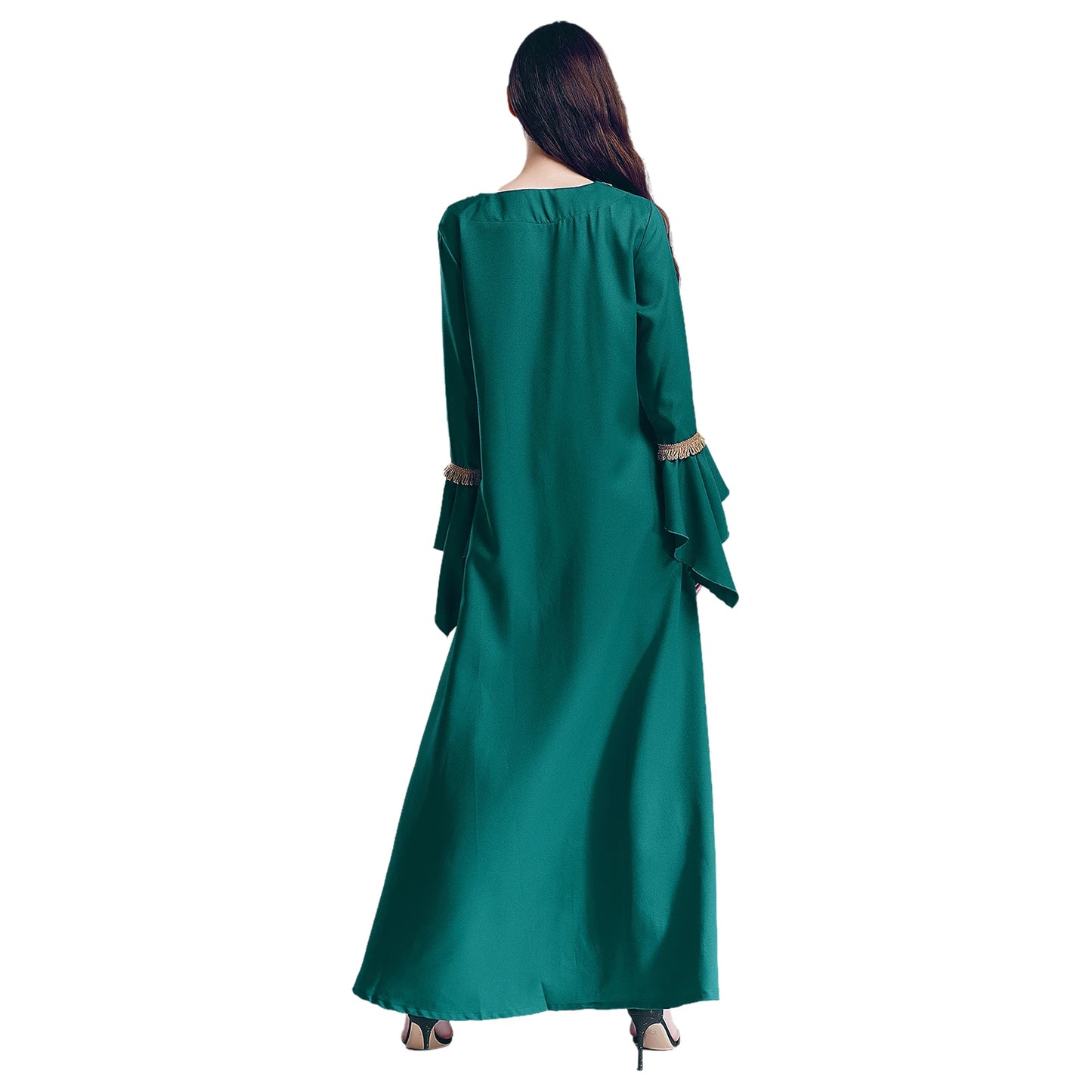 Elegant Womens Muslim Abaya Floor Length Robe V Neck Flared Sleeve Dress Halloween Witch Masquerade Gown Role Play Theme Party