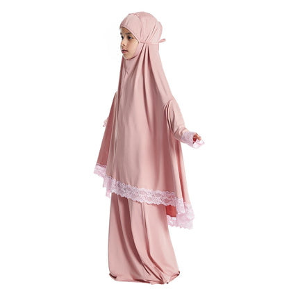 2Pcs Traditional Muslim Kids Girls Abaya Eid Hooded Overhead Hijab Burqa Maxi Skirt Sets Turkey Dubai Kaftan Prayer Garment Gown