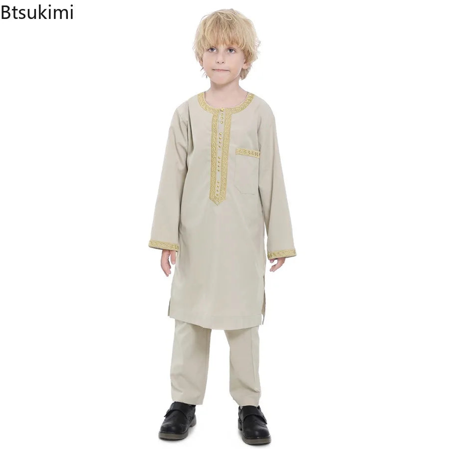 2025 Muslim Children Robe 2pc Set Long Sleeve Embroidery Dress Shirt+Pants Boys Fashion Abaya Kaftan Thobe Kids Islamic Clothing