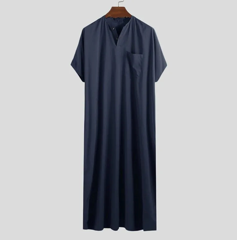 New 2025 Men Islamic Arabic Kaftan Vintage Solid Short Sleeve Loose Retro Robes Abaya Dubai Middle East Muslim Clothing S-5XL