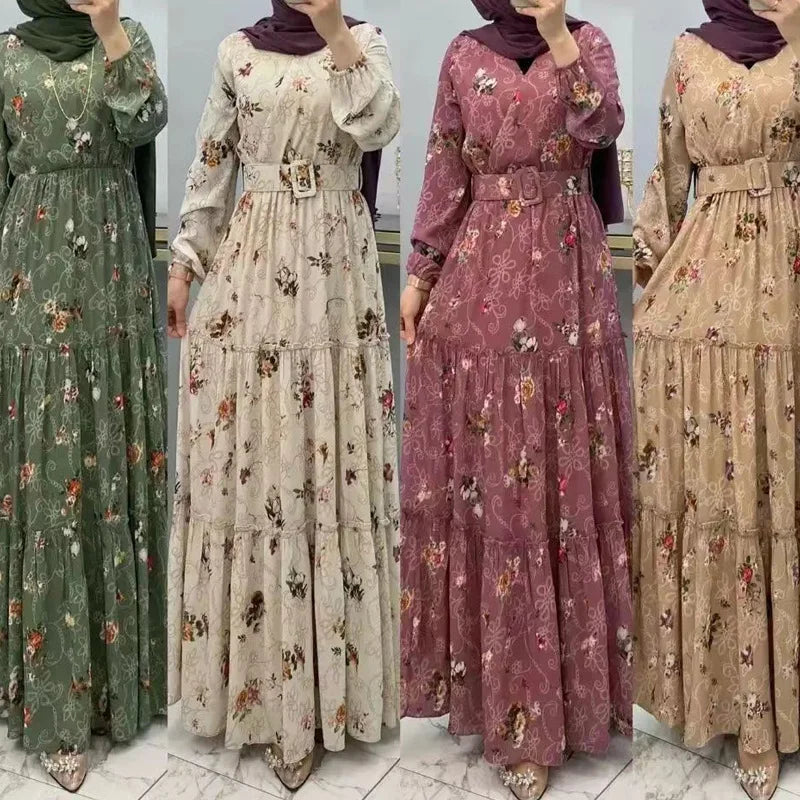 Eid Morocco Dress Women Muslim Abaya Jalabiya Turtleneck Floral Print Belted Dubai Kaftan Robe Vestidos Ramadan Abayas Dresses