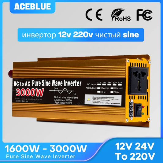 Pure Sine Wave Inverter 12V 220V 24V 110V 1600W 2200W 3000W DC To AC Portable Power Voltage Converter Car Solar Inverter