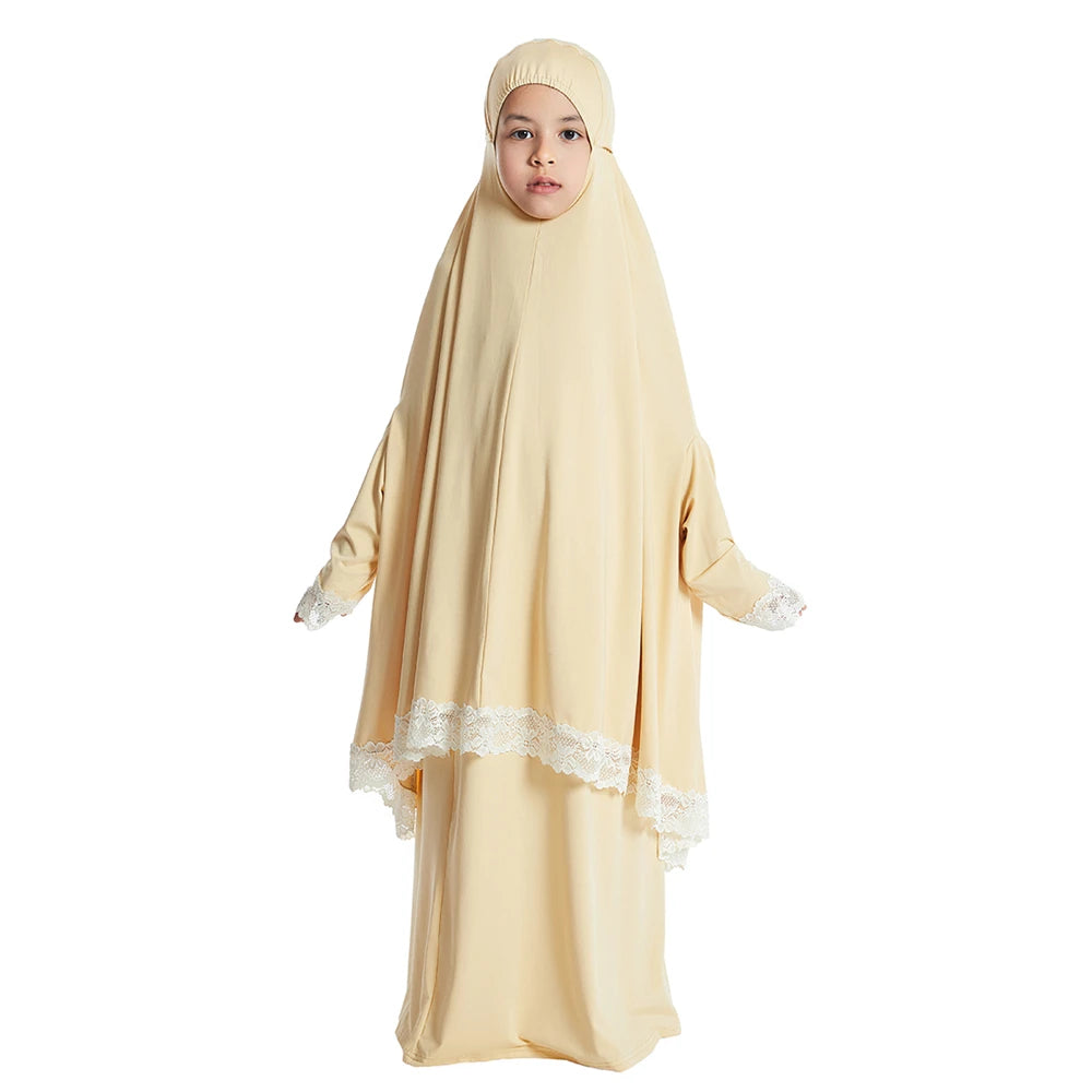 2Pcs Traditional Muslim Kids Girls Abaya Eid Hooded Overhead Hijab Burqa Maxi Skirt Sets Turkey Dubai Kaftan Prayer Garment Gown