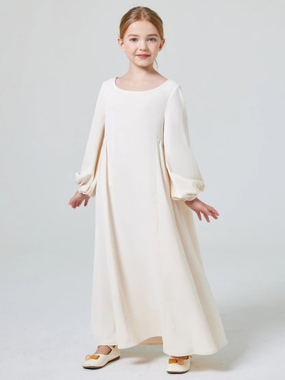 Ramadan Girl Abaya Muslim Elegant Solid Crew Neck Long Sleeve Kaftan Kids Dress For Pray Party