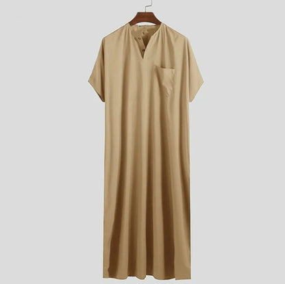 New 2025 Men Islamic Arabic Kaftan Vintage Solid Short Sleeve Loose Retro Robes Abaya Dubai Middle East Muslim Clothing S-5XL