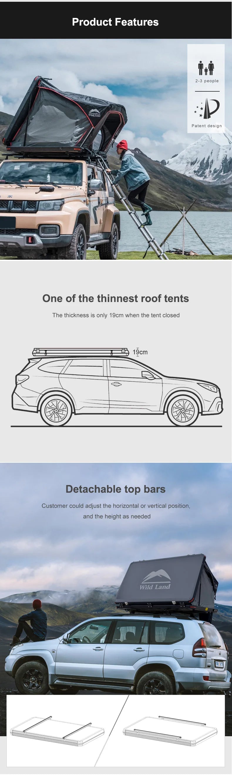 Wild Land Desert Cruiser Car Roof Top tent Hard Shell 4WD roof tent waterproof quick set up off road tent