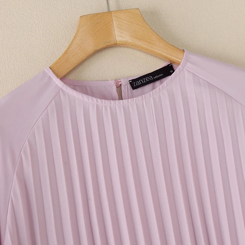Fashion Women Long Sleeve Pleated Tops ZANZEA Autumn Muslim Blouse Long Shirt Ramadan Abaya Turkey Kaftan Solid IsIamic Clothing