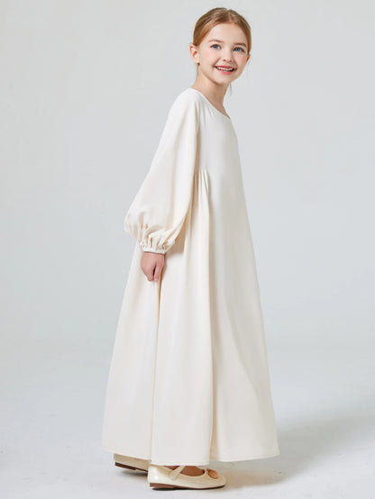 Ramadan Girl Abaya Muslim Elegant Solid Crew Neck Long Sleeve Kaftan Kids Dress For Pray Party