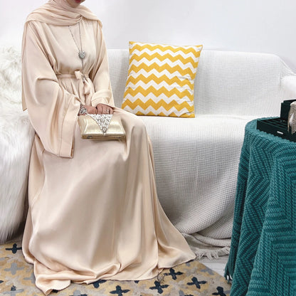 Plain Satin Abaya Dress for Muslim Women, Side Pockets Wide Sleeves, Dubai Turkish Hijabi Islamic Clothing, Modest Robe, Ramadan