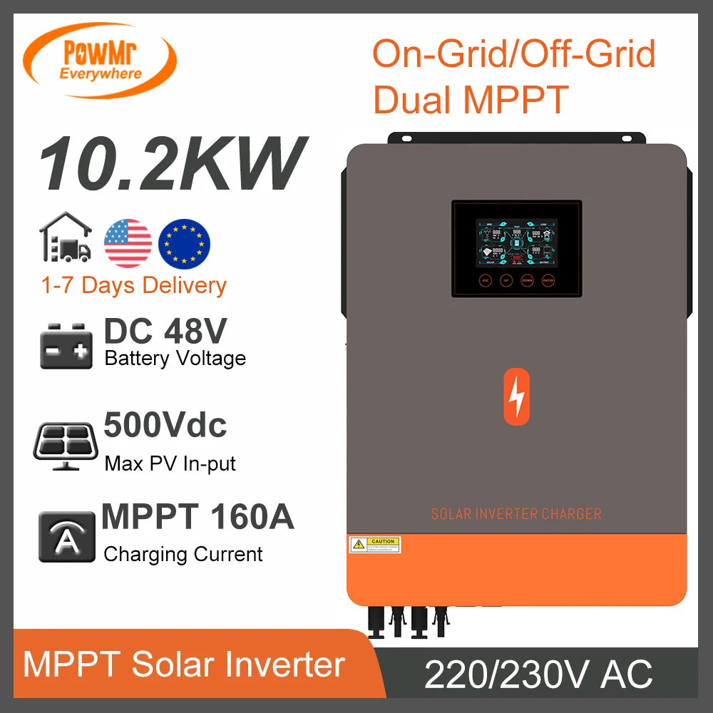 EU Stock 10.2KW 2MPPT Solar Power Inverter 48V 230V AC On/Off-Grid Built 160A MPPT Solar Charger Support Lifepo4 Pure Sine Wave