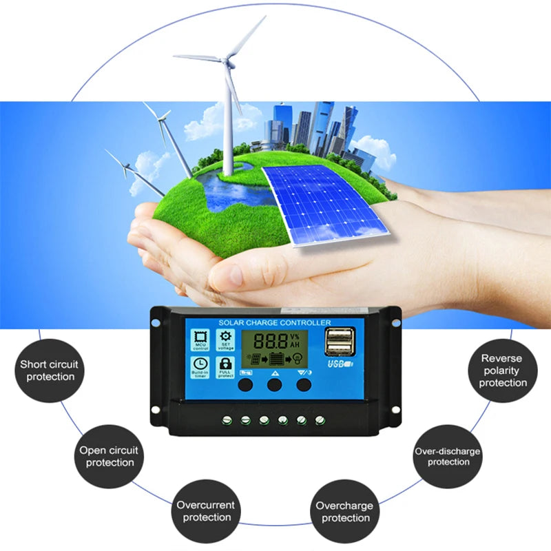 10A 20A 30A PWM Solar Charge Controller 12V/24V Solar Regulator USB 5V Panel Battery Regulator Intelligent LCD Display