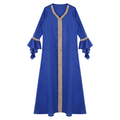Elegant Womens Muslim Abaya Floor Length Robe V Neck Flared Sleeve Dress Halloween Witch Masquerade Gown Role Play Theme Party