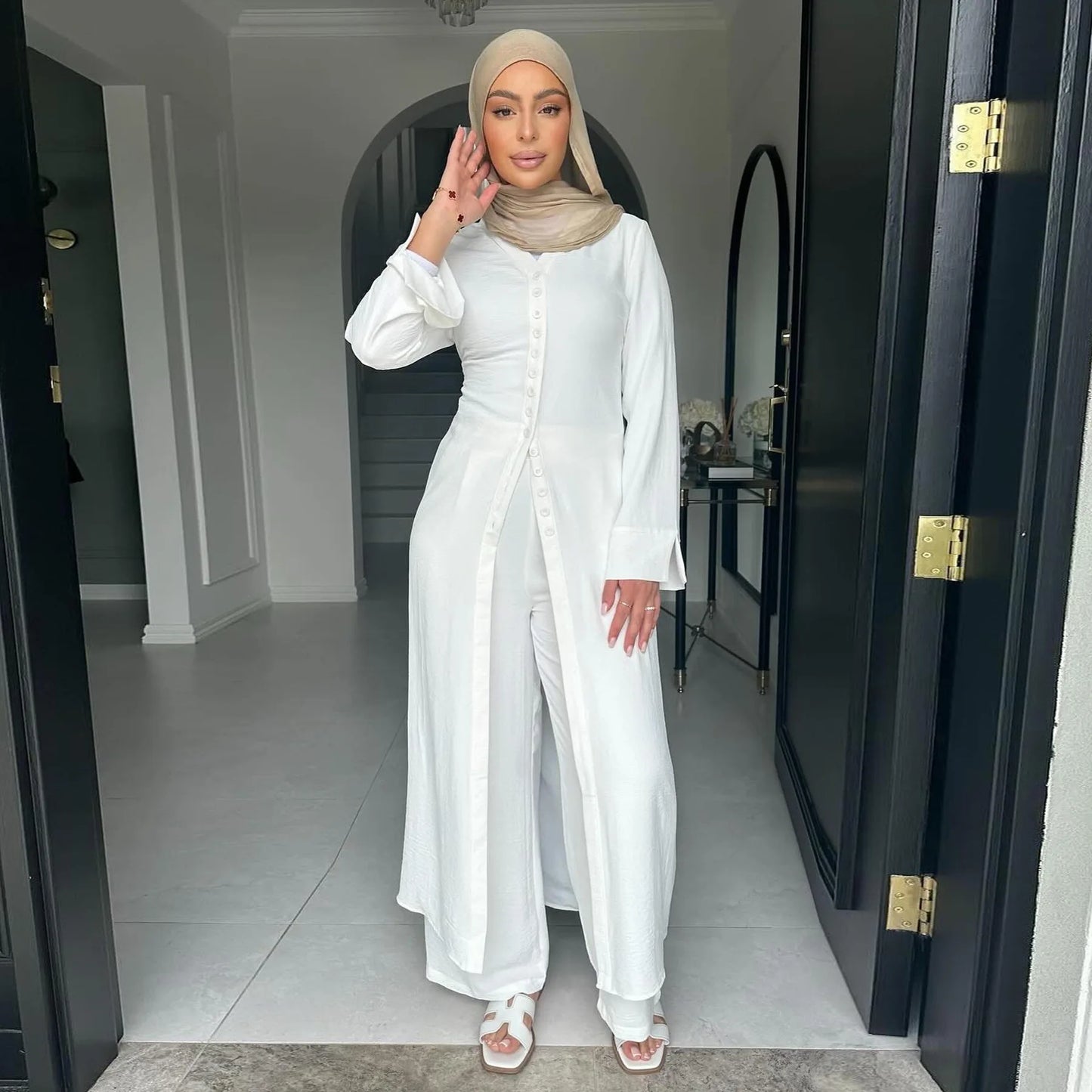 2PCS Muslim Women Button Long Sleeve Tops Dress Pants Set Dubai Abaya Turkey Kaftan Arabic Outfits Eid Ramadan Islam Clothing