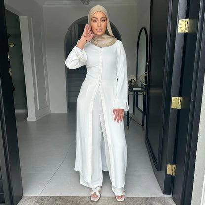 2PCS Muslim Women Button Long Sleeve Tops Dress Pants Set Dubai Abaya Turkey Kaftan Arabic Outfits Eid Ramadan Islam Clothing