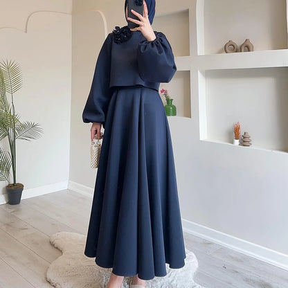 2  Piece Muslim Sets Women Middle East Dubai Flower Lantern Sleeve Tops Skirts Set Dress Kimono Kaftan 2pc Ramadan Islam Clothes