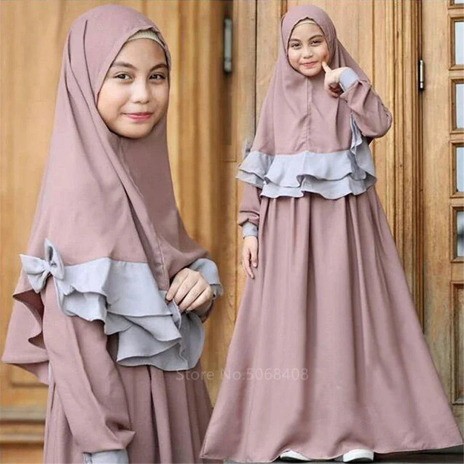 Muslim traditional clothing Islamic robe kids baby girls richer Saudi Arab Dubai solid abaya kaftan with ruffle bow hijab dress
