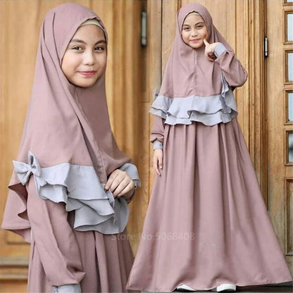 Muslim traditional clothing Islamic robe kids baby girls richer Saudi Arab Dubai solid abaya kaftan with ruffle bow hijab dress