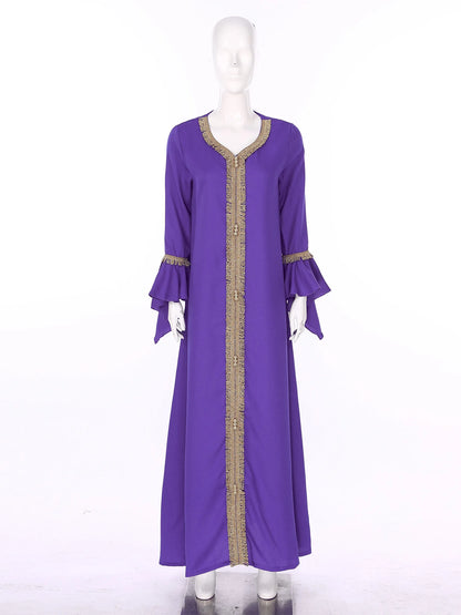 Elegant Womens Muslim Abaya Floor Length Robe V Neck Flared Sleeve Dress Halloween Witch Masquerade Gown Role Play Theme Party