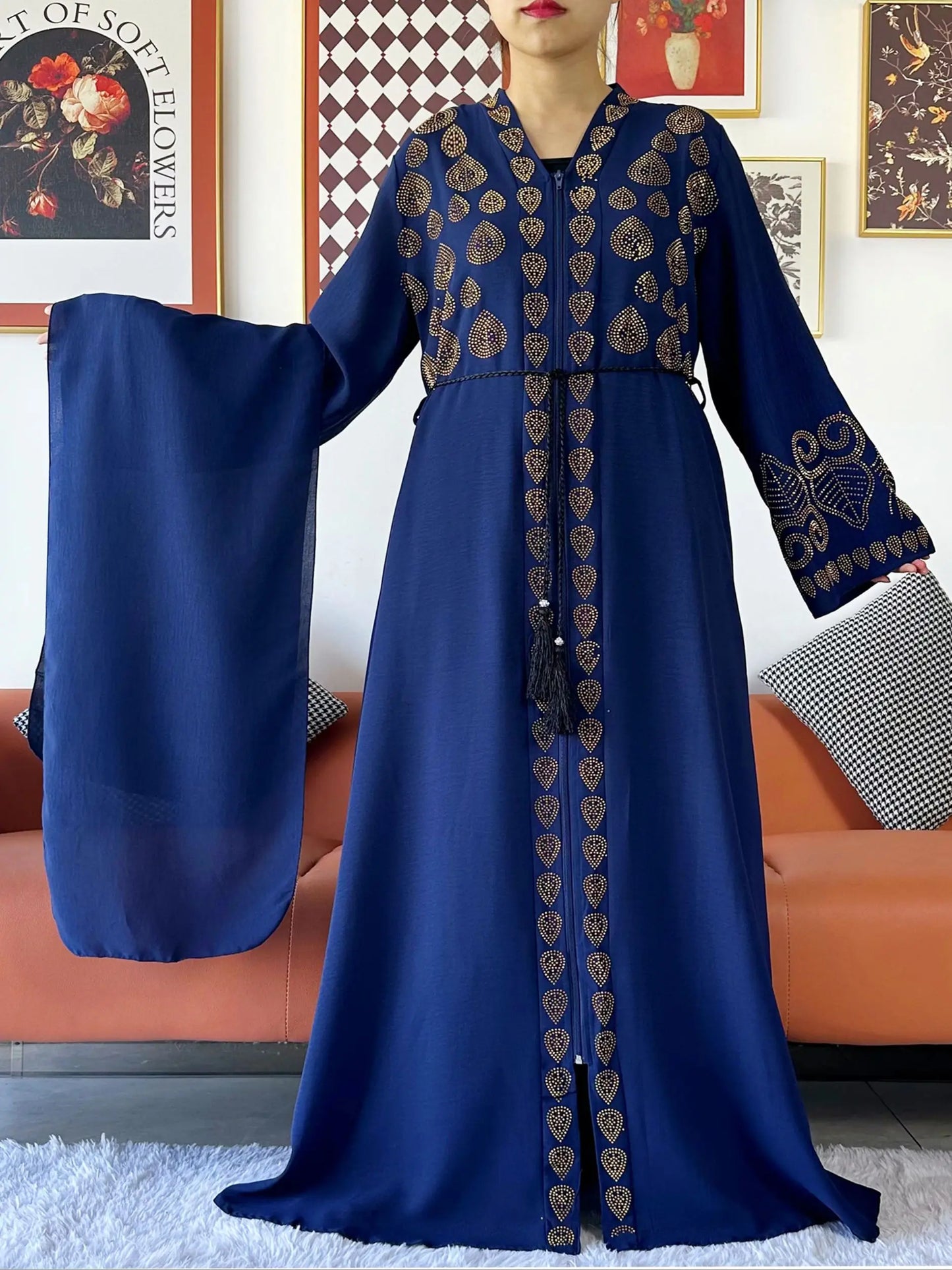 2024 Women Party Dress Chiffon Open Abaya Golden Stones Muslim Women Dress Islamic Clothing Cardigan Abaya Women Muslim Dress