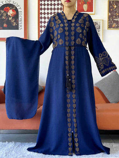 2024 Women Party Dress Chiffon Open Abaya Golden Stones Muslim Women Dress Islamic Clothing Cardigan Abaya Women Muslim Dress