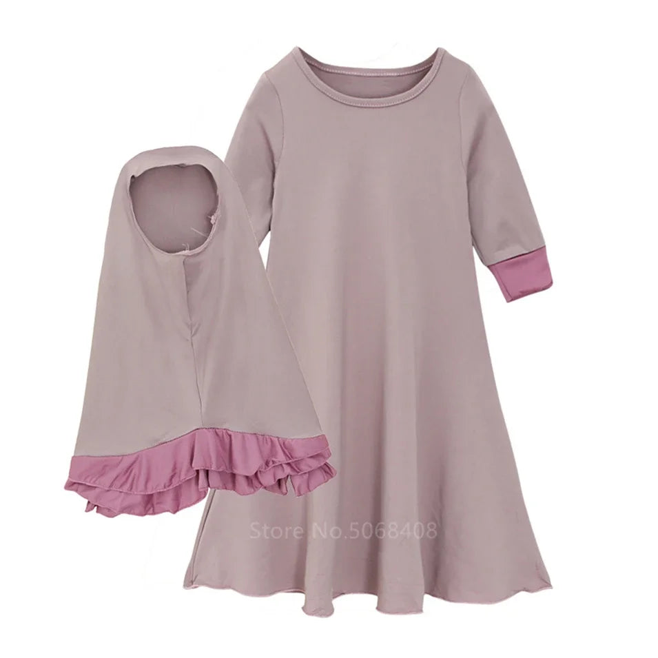 Muslim traditional clothing Islamic robe kids baby girls richer Saudi Arab Dubai solid abaya kaftan with ruffle bow hijab dress