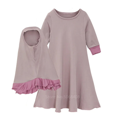 Muslim traditional clothing Islamic robe kids baby girls richer Saudi Arab Dubai solid abaya kaftan with ruffle bow hijab dress