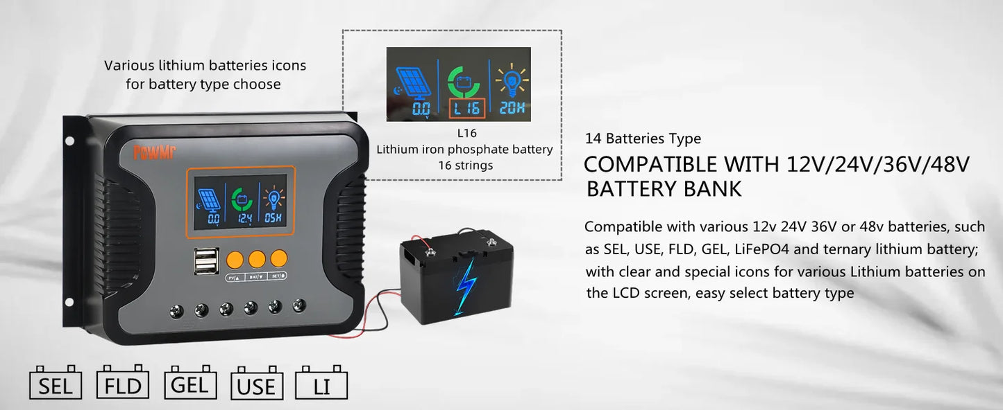 PWM 80A 60A 30A 12V 24V 36V 48V Auto Solar Charger Regulator Max PV 100V 24 hour Settable Work Time Fit for Light and RV System